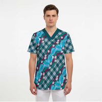 Polynesian Monstera Tiare Floral Scrub Top Dark Teal Tropical Plaid - Polynesian Pride