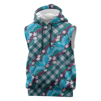 Polynesian Monstera Tiare Floral Sleeveless Hoodie Dark Teal Tropical Plaid - Polynesian Pride