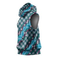 Polynesian Monstera Tiare Floral Sleeveless Hoodie Dark Teal Tropical Plaid - Polynesian Pride