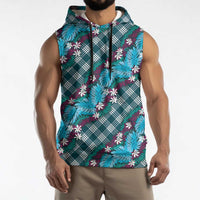 Polynesian Monstera Tiare Floral Sleeveless Hoodie Dark Teal Tropical Plaid - Polynesian Pride