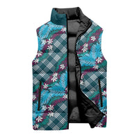 Polynesian Monstera Tiare Floral Sleeveless Puffer Jacket Dark Teal Tropical Plaid - Polynesian Pride