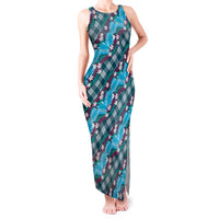 Polynesian Monstera Tiare Floral Tank Maxi Dress Dark Teal Tropical Plaid - Polynesian Pride
