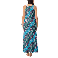 Polynesian Monstera Tiare Floral Tank Maxi Dress Dark Teal Tropical Plaid - Polynesian Pride