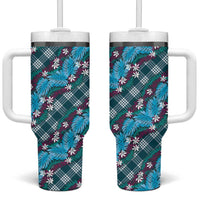 Polynesian Monstera Tiare Floral Tumbler With Handle Dark Teal Tropical Plaid - Polynesian Pride