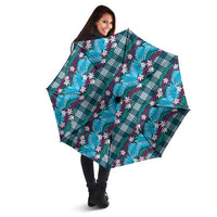 Polynesian Monstera Tiare Floral Umbrella Dark Teal Tropical Plaid - Polynesian Pride