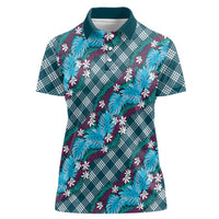Polynesian Monstera Tiare Floral Women Polo Shirt Dark Teal Tropical Plaid - Polynesian Pride