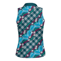 Polynesian Monstera Tiare Floral Women Sleeveless Polo Shirt Dark Teal Tropical Plaid - Polynesian Pride