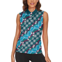 Polynesian Monstera Tiare Floral Women Sleeveless Polo Shirt Dark Teal Tropical Plaid - Polynesian Pride