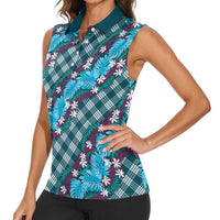 Polynesian Monstera Tiare Floral Women Sleeveless Polo Shirt Dark Teal Tropical Plaid - Polynesian Pride