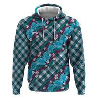 Polynesian Monstera Tiare Floral Zip Hoodie Dark Teal Tropical Plaid - Polynesian Pride