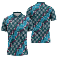 Polynesian Monstera Tiare Floral Zipper Polo Shirt Dark Teal Tropical Plaid - Polynesian Pride