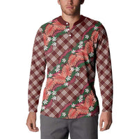 Polynesian Monstera Tiare Floral Button Sweatshirt Burgundy Tropical Plaid - Polynesian Pride