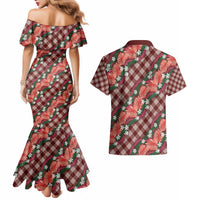 Polynesian Monstera Tiare Floral Couples Matching Mermaid Dress and Hawaiian Shirt Burgundy Tropical Plaid - Polynesian Pride