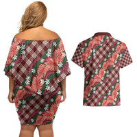 Polynesian Monstera Tiare Floral Couples Matching Off Shoulder Short Dress and Hawaiian Shirt Burgundy Tropical Plaid - Polynesian Pride