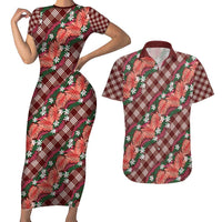 Polynesian Monstera Tiare Floral Couples Matching Short Sleeve Bodycon Dress and Hawaiian Shirt Burgundy Tropical Plaid - Polynesian Pride
