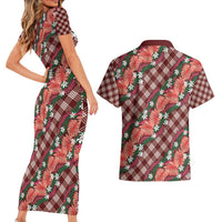 Polynesian Monstera Tiare Floral Couples Matching Short Sleeve Bodycon Dress and Hawaiian Shirt Burgundy Tropical Plaid - Polynesian Pride
