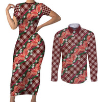 Polynesian Monstera Tiare Floral Couples Matching Short Sleeve Bodycon Dress and Long Sleeve Button Shirt Burgundy Tropical Plaid - Polynesian Pride