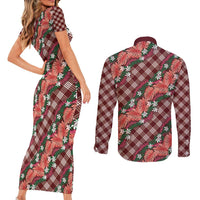 Polynesian Monstera Tiare Floral Couples Matching Short Sleeve Bodycon Dress and Long Sleeve Button Shirt Burgundy Tropical Plaid - Polynesian Pride