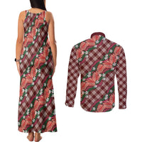 Polynesian Monstera Tiare Floral Couples Matching Tank Maxi Dress and Long Sleeve Button Shirt Burgundy Tropical Plaid - Polynesian Pride