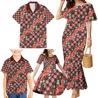Polynesian Monstera Tiare Floral Family Matching Mermaid Dress and Hawaiian Shirt Burgundy Tropical Plaid - Polynesian Pride