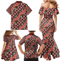 Polynesian Monstera Tiare Floral Family Matching Mermaid Dress and Hawaiian Shirt Burgundy Tropical Plaid - Polynesian Pride