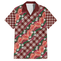 Polynesian Monstera Tiare Floral Family Matching Off Shoulder Maxi Dress and Hawaiian Shirt Burgundy Tropical Plaid - Polynesian Pride