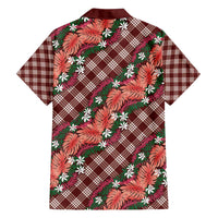 Polynesian Monstera Tiare Floral Family Matching Off Shoulder Short Dress and Hawaiian Shirt Burgundy Tropical Plaid - Polynesian Pride