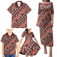 Polynesian Monstera Tiare Floral Family Matching Puletasi and Hawaiian Shirt Burgundy Tropical Plaid - Polynesian Pride