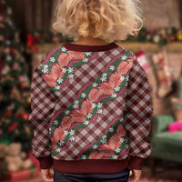 Polynesian Monstera Tiare Floral Kid Ugly Christmas Sweater Burgundy Tropical Plaid - Polynesian Pride