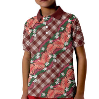 Polynesian Monstera Tiare Floral Kid Polo Shirt Burgundy Tropical Plaid - Polynesian Pride
