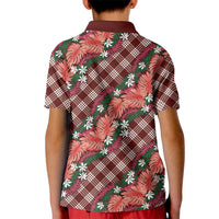 Polynesian Monstera Tiare Floral Kid Polo Shirt Burgundy Tropical Plaid - Polynesian Pride