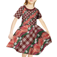 Polynesian Monstera Tiare Floral Kid Short Sleeve Dress Burgundy Tropical Plaid - Polynesian Pride