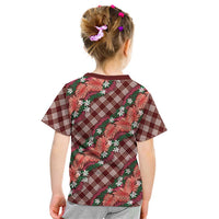 Polynesian Monstera Tiare Floral Kid T Shirt Burgundy Tropical Plaid - Polynesian Pride