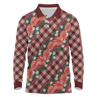 Polynesian Monstera Tiare Floral Long Sleeve Polo Shirt Burgundy Tropical Plaid - Polynesian Pride