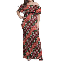 Polynesian Monstera Tiare Floral Off Shoulder Maxi Dress Burgundy Tropical Plaid - Polynesian Pride