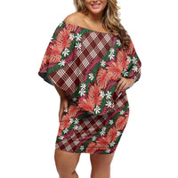 Polynesian Monstera Tiare Floral Off Shoulder Short Dress Burgundy Tropical Plaid - Polynesian Pride