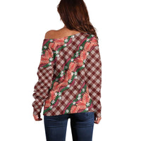 Polynesian Monstera Tiare Floral Off Shoulder Sweater Burgundy Tropical Plaid - Polynesian Pride
