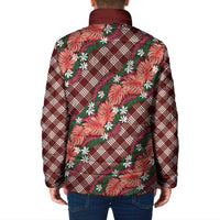 Polynesian Monstera Tiare Floral Padded Jacket Burgundy Tropical Plaid - Polynesian Pride