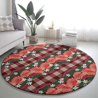 Polynesian Monstera Tiare Floral Round Carpet Burgundy Tropical Plaid - Polynesian Pride