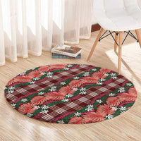 Polynesian Monstera Tiare Floral Round Carpet Burgundy Tropical Plaid - Polynesian Pride