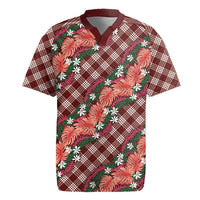 Polynesian Monstera Tiare Floral Rugby Jersey Burgundy Tropical Plaid - Polynesian Pride