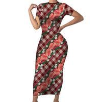 Polynesian Monstera Tiare Floral Short Sleeve Bodycon Dress Burgundy Tropical Plaid - Polynesian Pride