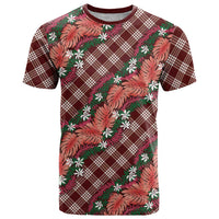 Polynesian Monstera Tiare Floral T Shirt Burgundy Tropical Plaid - Polynesian Pride