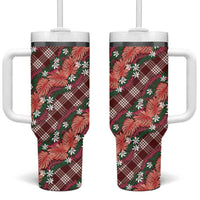 Polynesian Monstera Tiare Floral Tumbler With Handle Burgundy Tropical Plaid - Polynesian Pride