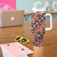 Polynesian Monstera Tiare Floral Tumbler With Handle Burgundy Tropical Plaid - Polynesian Pride