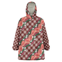 Polynesian Monstera Tiare Floral Wearable Blanket Hoodie Burgundy Tropical Plaid - Polynesian Pride