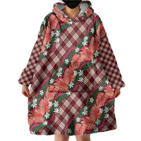 Polynesian Monstera Tiare Floral Wearable Blanket Hoodie Burgundy Tropical Plaid - Polynesian Pride