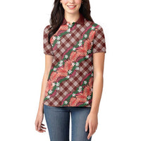 Polynesian Monstera Tiare Floral Women Polo Shirt Burgundy Tropical Plaid - Polynesian Pride