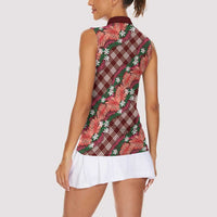 Polynesian Monstera Tiare Floral Women Sleeveless Polo Shirt Burgundy Tropical Plaid - Polynesian Pride