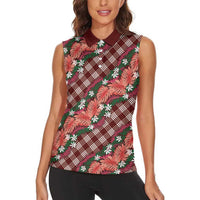 Polynesian Monstera Tiare Floral Women Sleeveless Polo Shirt Burgundy Tropical Plaid - Polynesian Pride